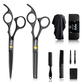 10 PCS Hair Cutting Scissors Set, Professional Haircut Scissors Kit with Cutting Scissors, Thinning Shears, Comb, Cape, Clips (Color: Black)